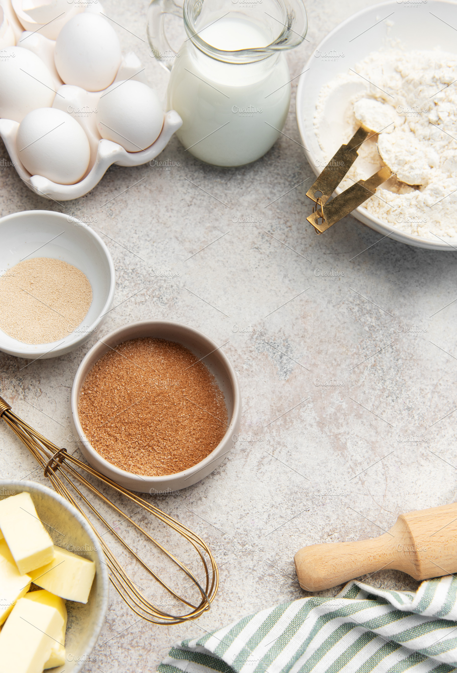 Baking ingredients flat lay preparing kitchen pastry dessert, a Food & Drink Photo by Olena Rudo