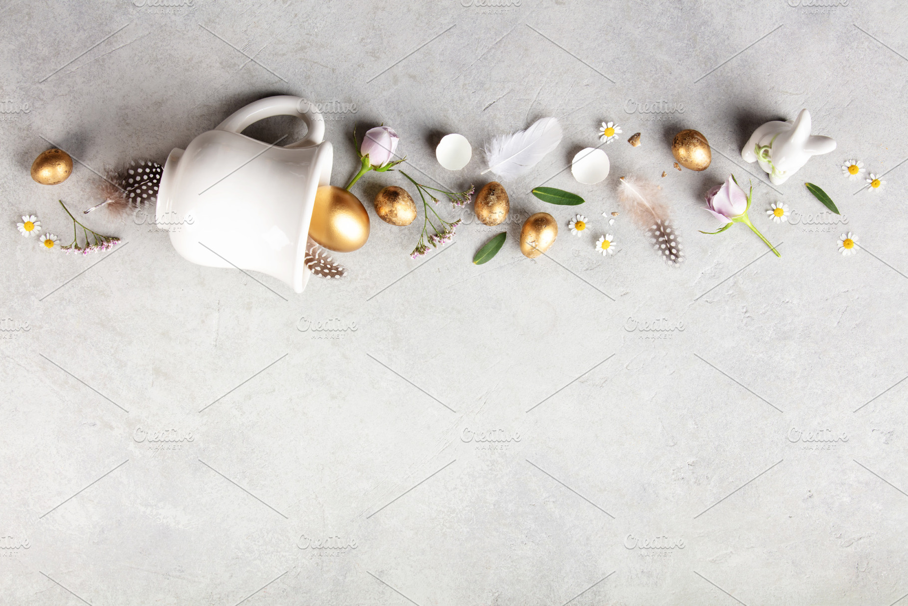 Creative Easter Concept with Golden Eggs and Spring Flowers, a Holiday Photo by Natalia Klenova's Shop