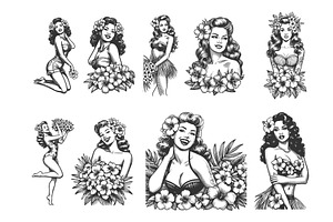 Pin-Up Girls with Tropical Flowers, a Person Illustration by AlexArt