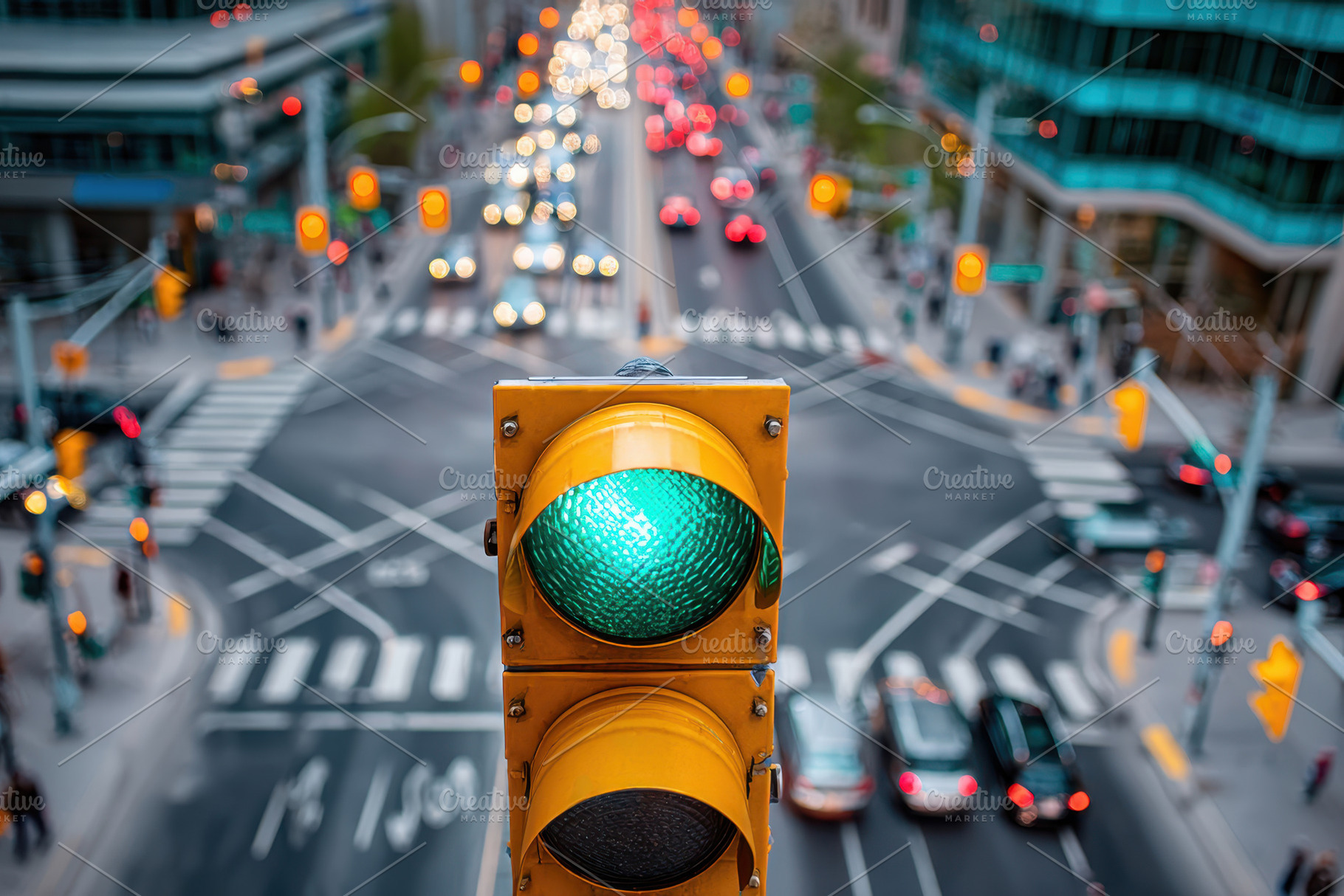Green traffic light in a busy urban setting, a Transportation Photo by AlyaAnd