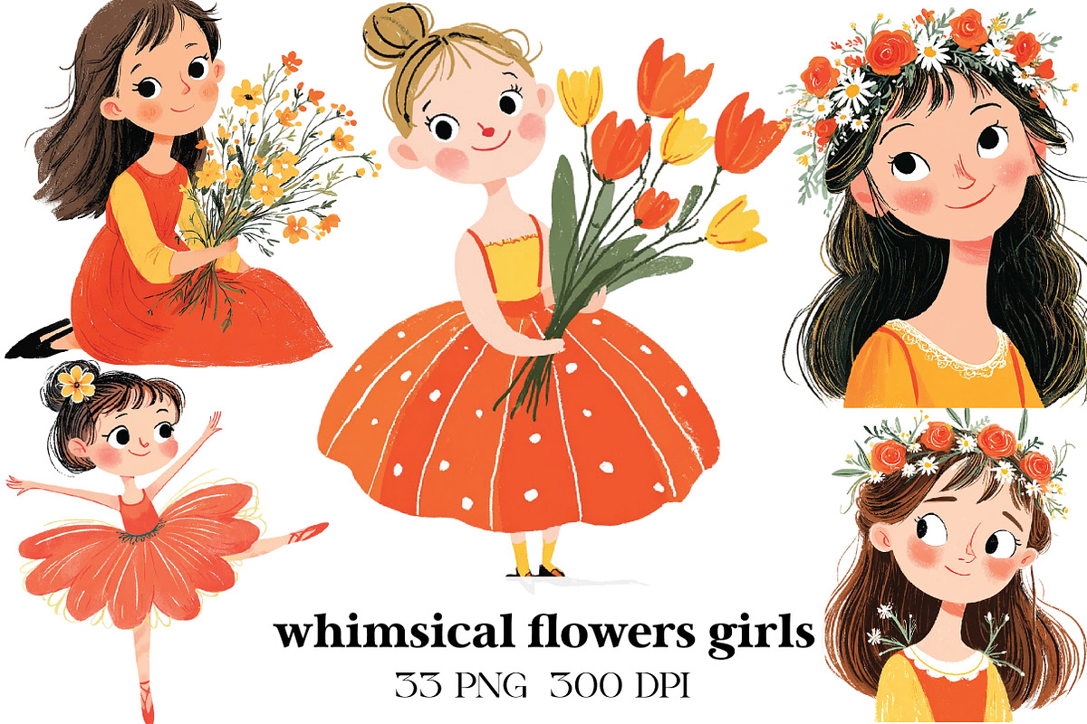 whimsical flowers and girls clipart, an Illustration by CraftArtStudio (Photo 1 of 6)