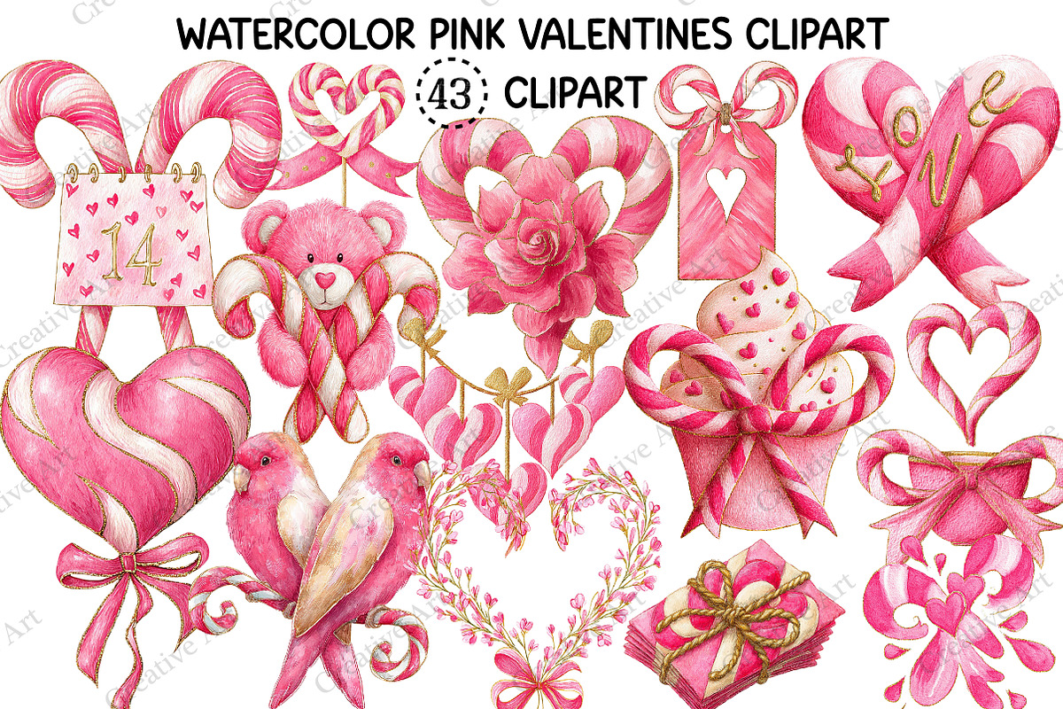 Watercolor Pink Valentines Clipart, an Illustration by Creative Art (Photo 1 of 11)