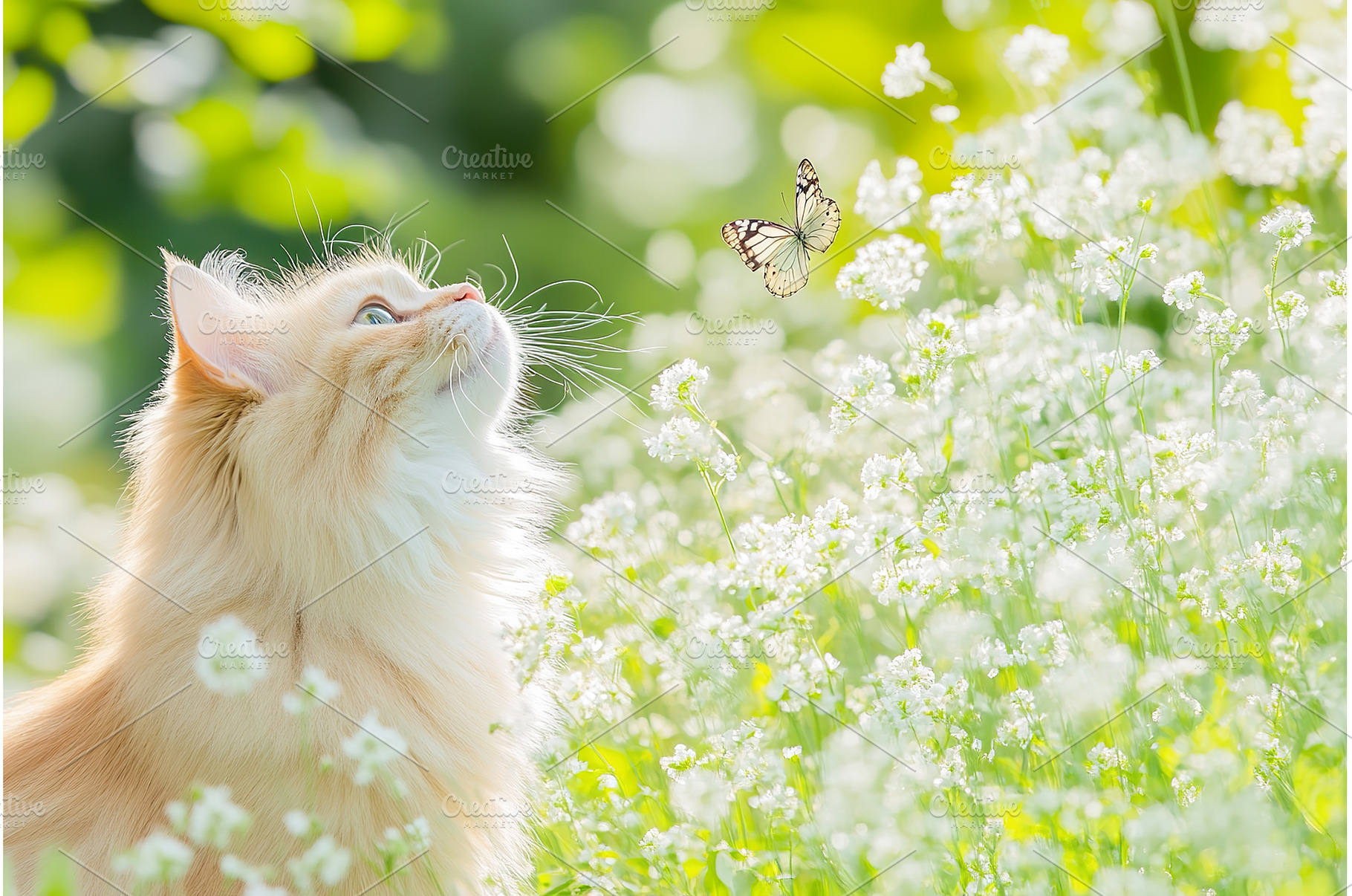 Fluffy cat gazes at butterfly amidst, an Animal Photo by Lermont51