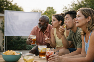 Sports fans watching a game outdoors, a Photo by Dvoevnore photos