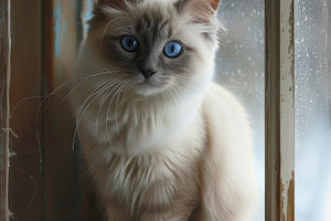 A close-up of a pensive cat with str, a Photo by LOGOCREATIVE