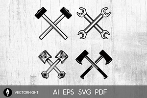 Set Of Crossed Saws, Hammers, Piston