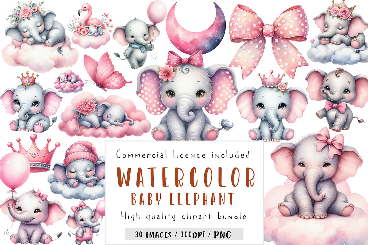 Baby elephant watercolor clipart, an Illustration by CreationArt (Photo 1 of 5)