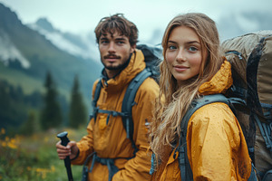 Couple enjoys a hiking adventure in, a Photo by Tanuart