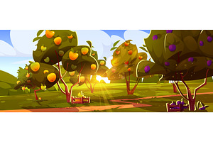 Sunny orchard landscape with fruit, an Illustration by art PVP - market