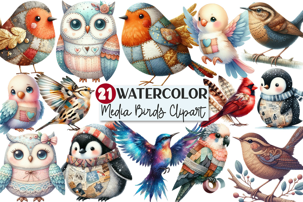 Mixed Media Birds Clipart, an Illustration by Rose Art (Photo 1 of 3)