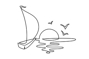 Sailboat in sea with Sun. Continuous, a Transportation Illustration by Valenty
