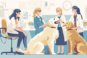 Veterinarians providing friendly care to two large happy dogs in a clinic, an Illustration by AS photostudio