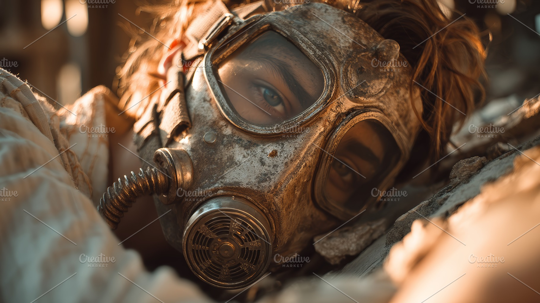 Close-up of a figure wearing a vintage gas mask in soft lighting, a Photo by AS photostudio