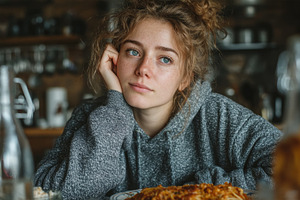 Thoughtful Woman Resting at a Cozy Kitchen Table, a Photo by AS photostudio