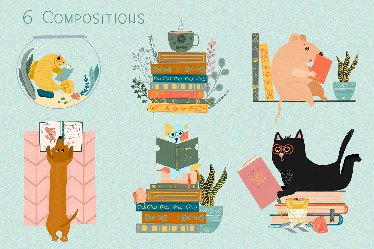 Cute pets reading the books. Clipart, an Animal Illustration by PenguinArtStudio (Photo 3 of 13)