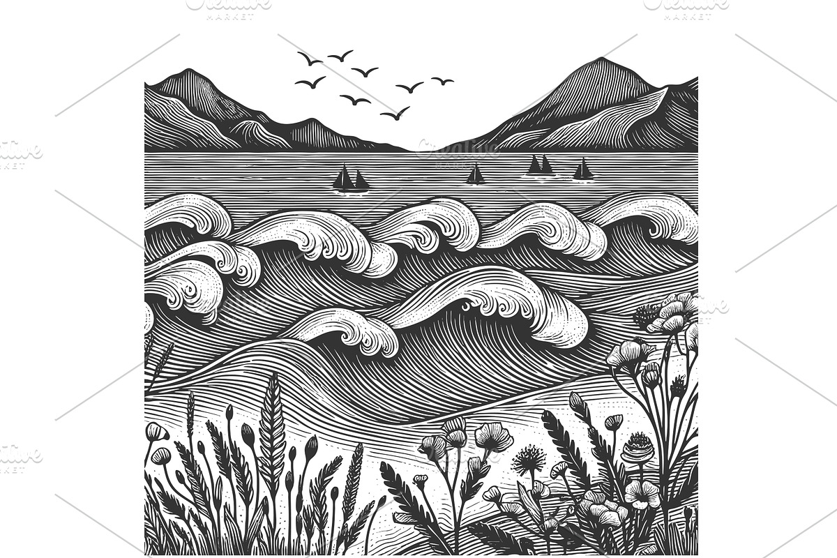 Ocean Waves and Sunset engraving, an Illustration by AlexArt