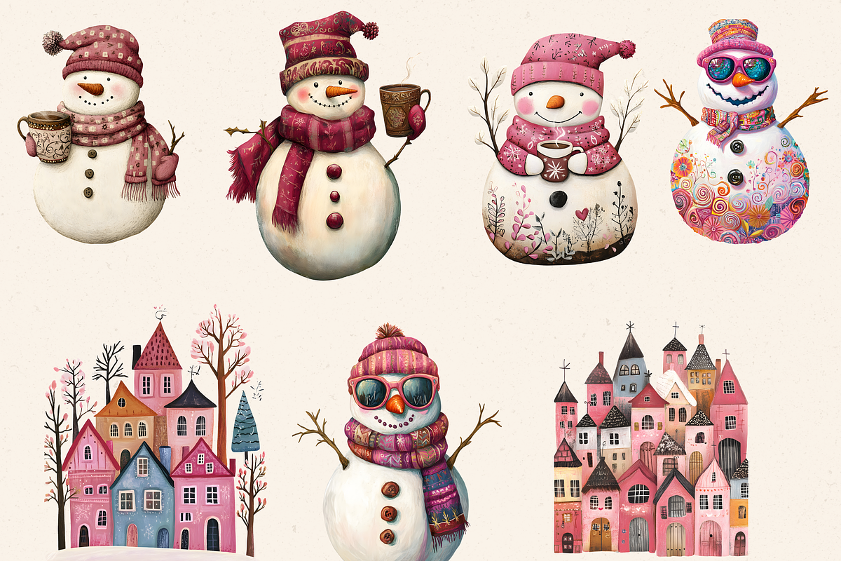 CUTE LOVELY PINK SNOWMEN CLIPART, a Seasonal Illustration by Daring Digies (Photo 4 of 7)