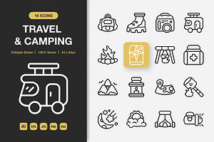 Travel and Camping Outline Icons, an Outline Icon by Spacepixel Creative