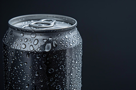 Blank aluminum can with water drops on black background, a Food & Drink Photo by AlyaAnd