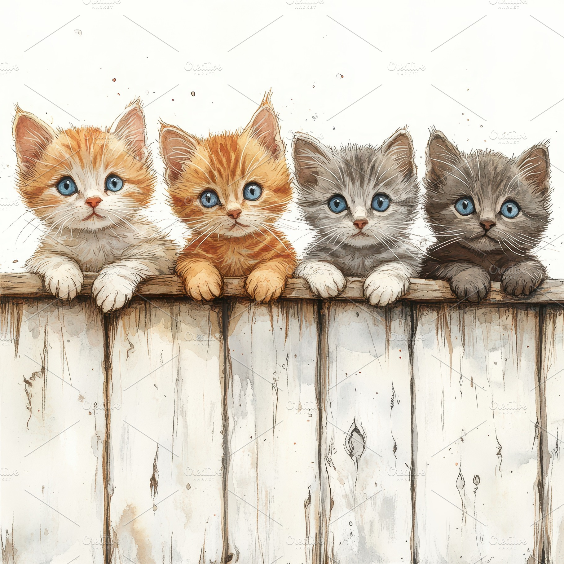Four adorable kittens peek over a wo, a Food & Drink Photo by Pixeness Studio