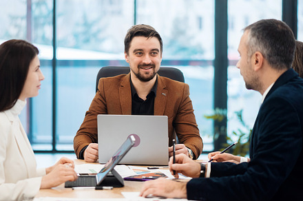 Business meeting in an office, a Business Photo by frimufilms