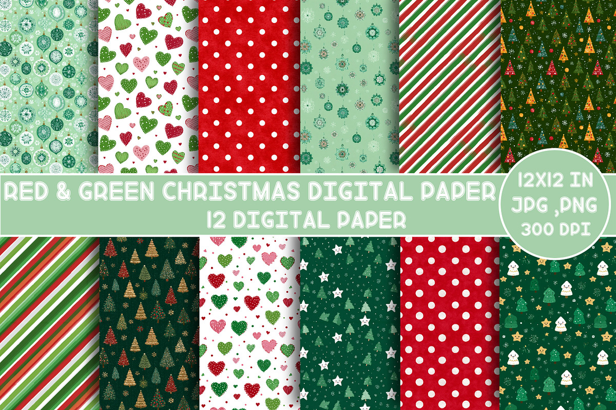 Red & Green Christmas Digital Paper, an Illustration by Designking (Photo 1 of 4)
