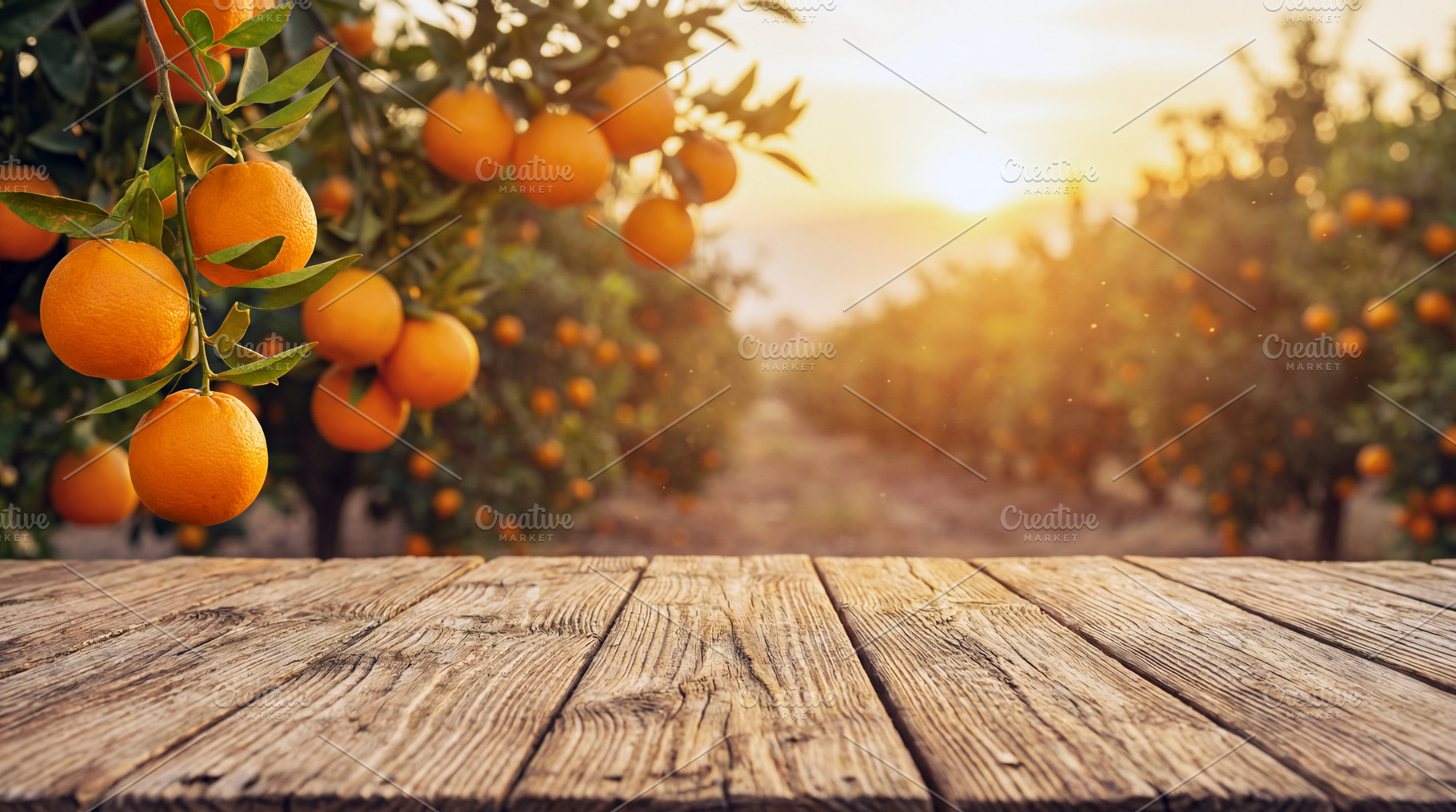 Wooden tabletop against orange garde, a Food & Drink Photo by Volff