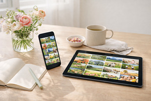 Digital devices displaying nature ph, a Photo by Dvoevnore photos