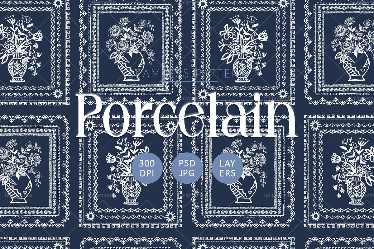 Seamless Blue Porcelain Pattern, a Pattern Graphic by Talip Memis (Photo 1 of 12)
