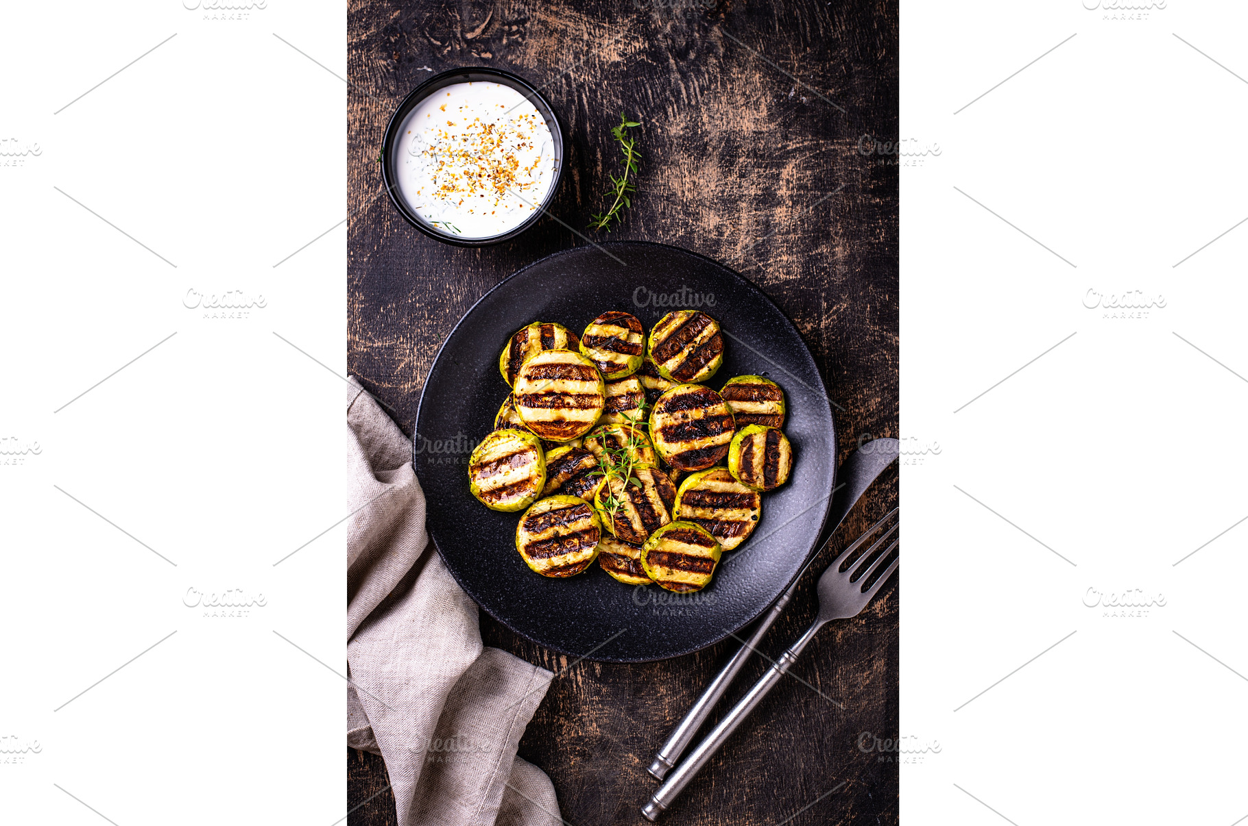 Grilled zucchini with sauce, vegan, a Food & Drink Photo by Yulia Furman