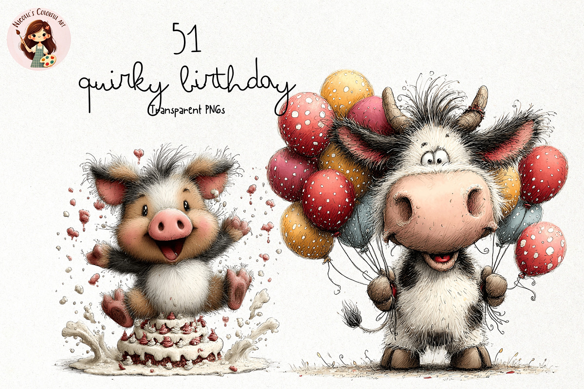 Quirky Birthday Animals PNG Clipart, an Animal Illustration by Nicolle's Colorful Art (Photo 1 of 5)
