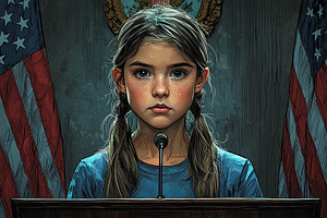 Young girl delivers emotional speech standing at podium with American flags, a Photo by AS photostudio