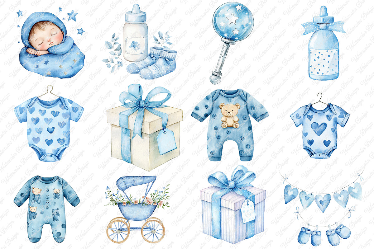 Watercolor Blue Baby Shower PNG Clip, an Illustration by Watercolor design (Photo 2 of 12)
