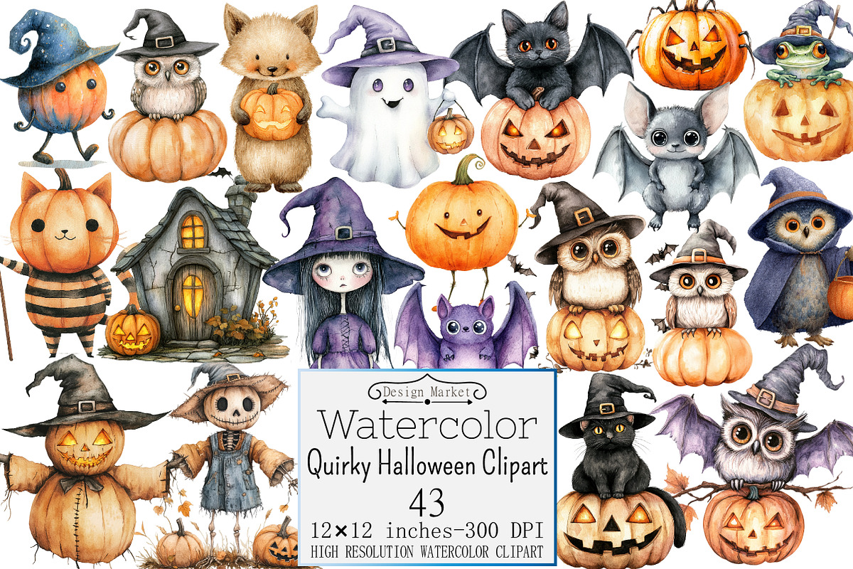 Watercolor Quirky Halloween Clipart, a Seasonal Illustration by Design Market (Photo 1 of 5)