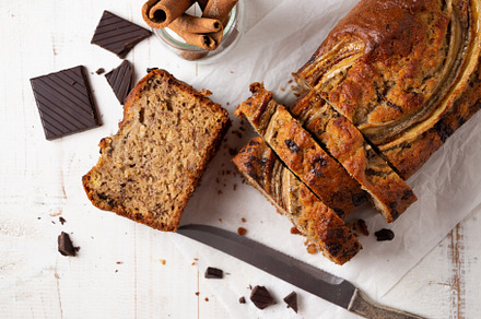 Homemade banana bread with dark chocolate chunks and oats