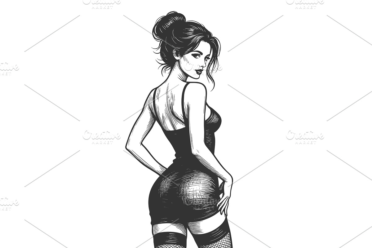 pin-up woman in lingerie engraving, a Person Illustration by AlexArt