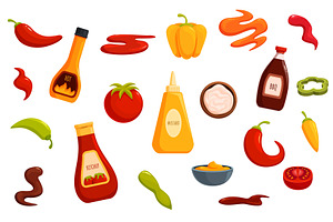 Hot sauces. Mustard, ketchup, bbq, a Food Illustration by Valerie Bodnar