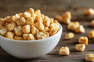 Bowl of crispy cereal cubes on rusti, a Food & Drink Photo by Photostock