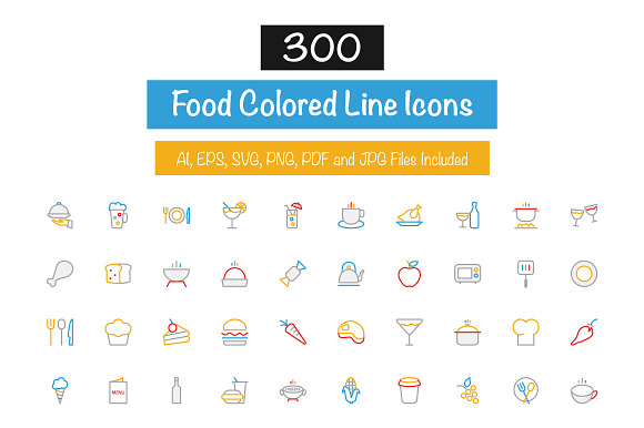 300 Food Colored Line Icons preview 6