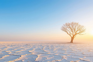 A lone tree with green leaves stands in a vast, cracked desert landscape under, a Nature Photo by Mashimara