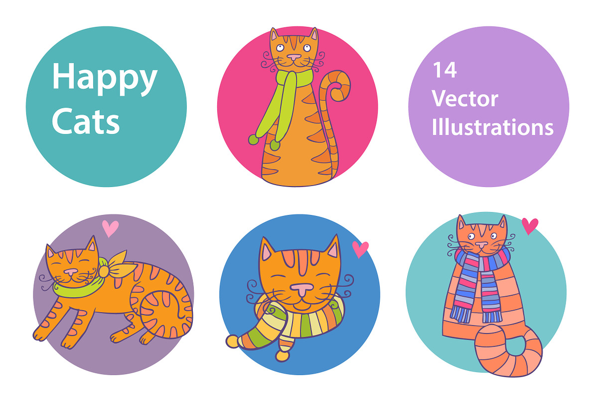 Happy Cats lovely vector set, an Animal Illustration by natsa (Photo 1 of 4)