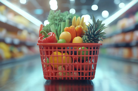 Shopping basket full of different grocery products on the floor, a Food & Drink Photo by AlyaAnd