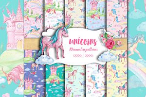 Unicorns Seamless Pattern Watercolor