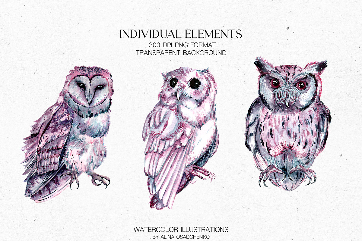 Boho Owls ultraviolet collection, an Animal Illustration by CrystalinaShop (Photo 2 of 11)