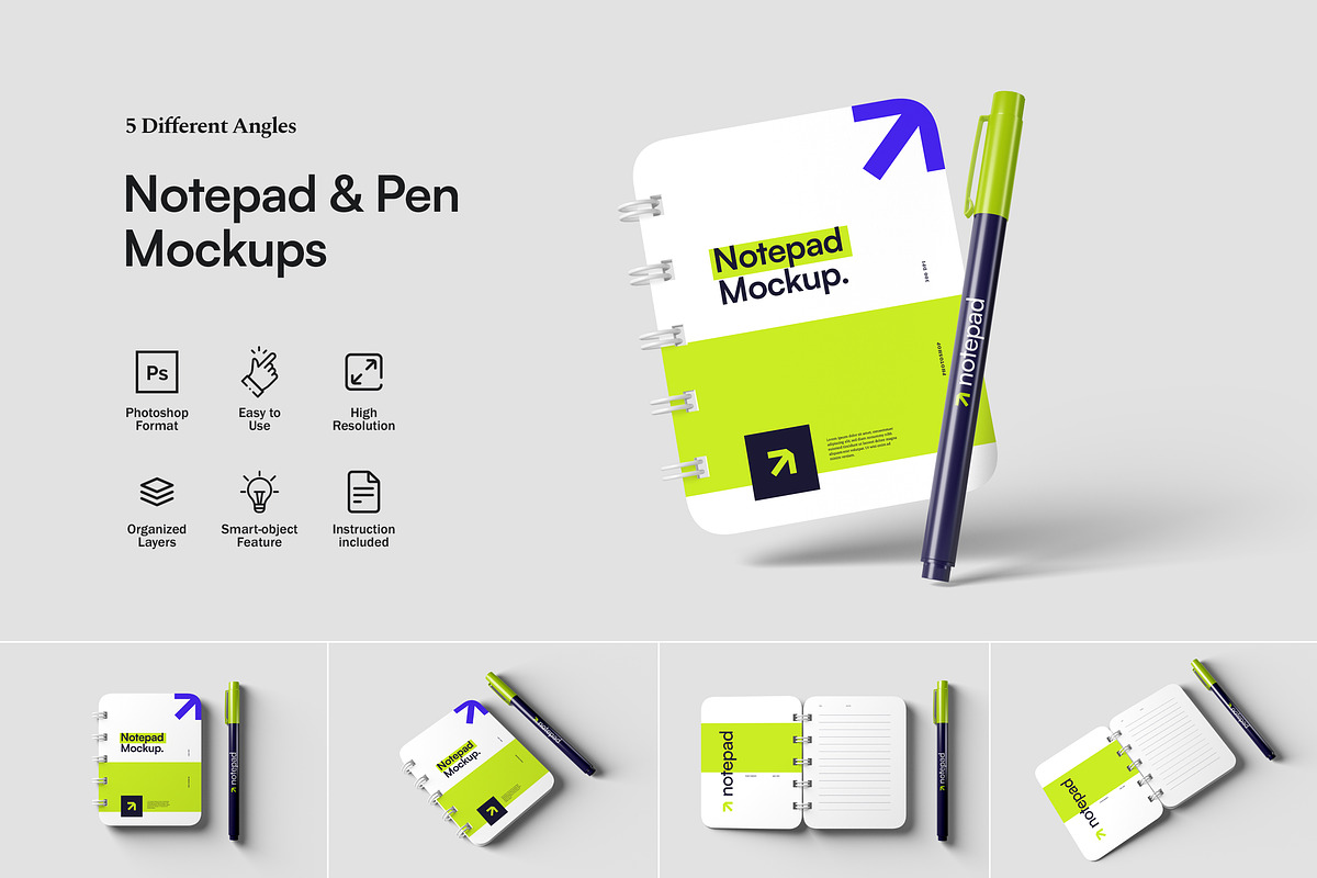 Notepad and Pen Mockups, a Books & Magazine Mockup by artimasa (Photo 1 of 6)