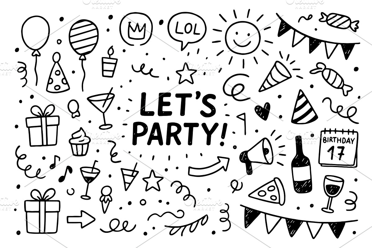 Hand drawn party doodle elements, an Object Illustration by Lemberg Vector