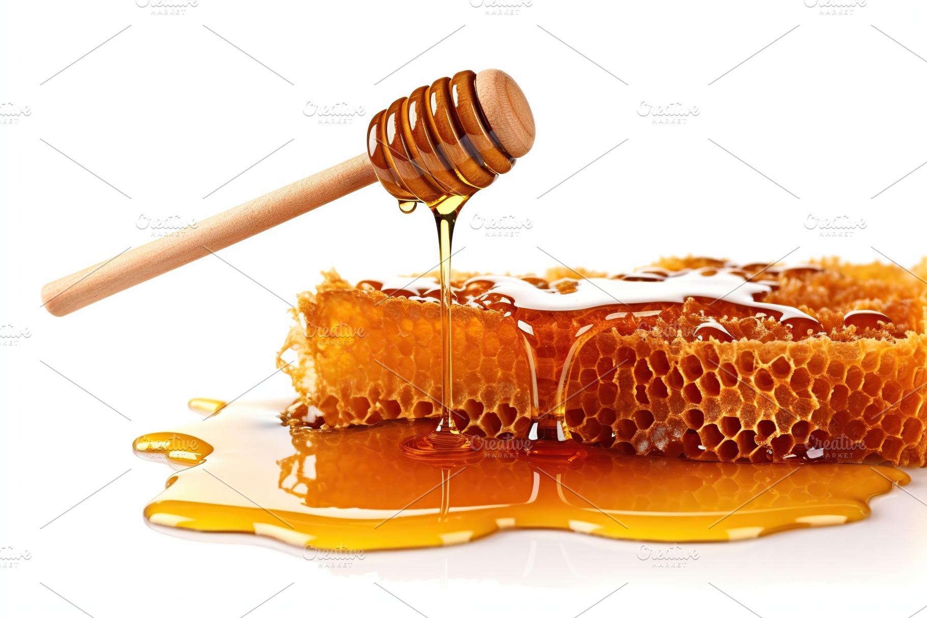 Honeycomb with honey and honey dipper on white background, a Food & Drink Photo by AlyaAnd