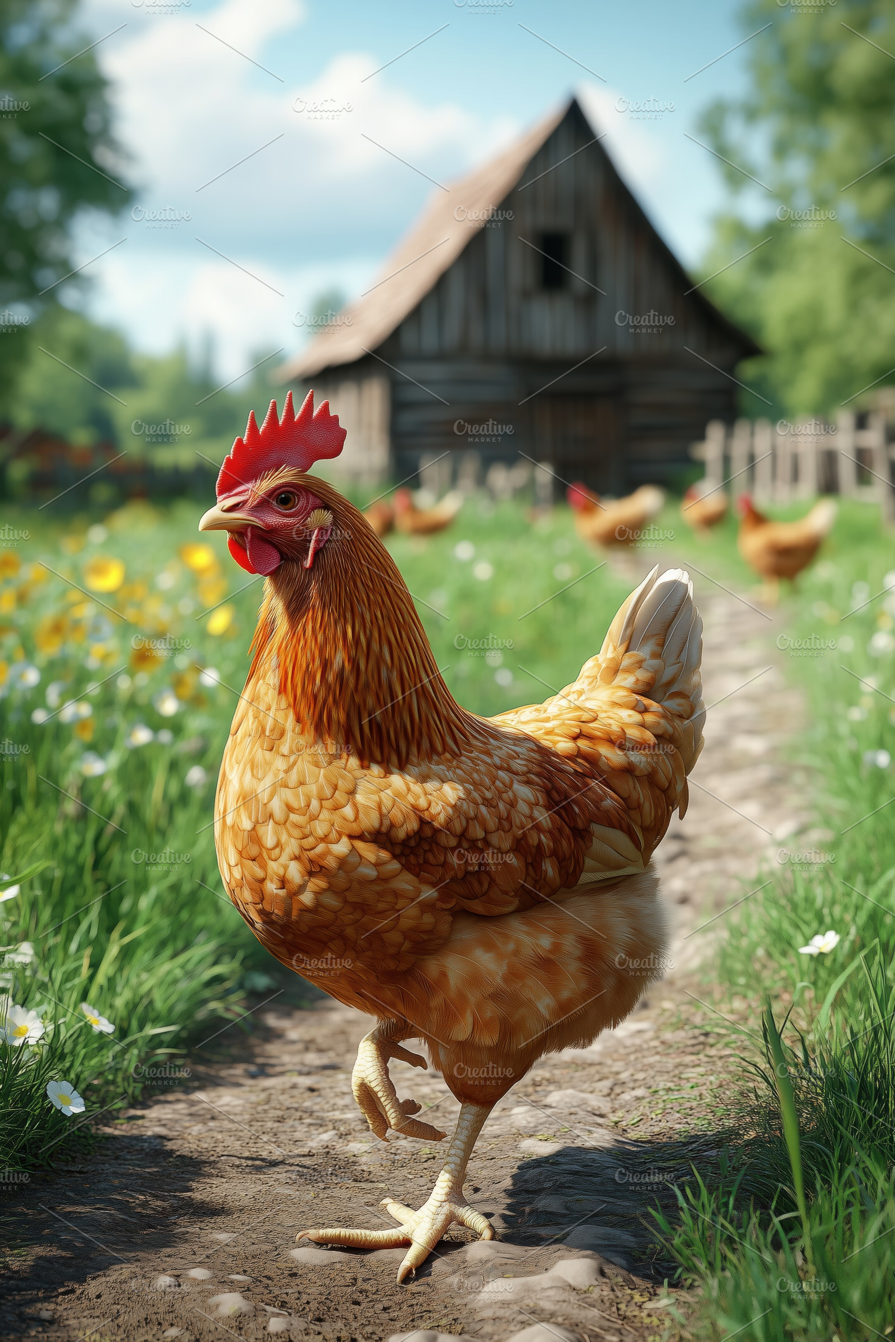 A realistic chicken walking along a dirt path in a vibrant farm setting. The ba, an Animal Photo by Textures & Backgrounds