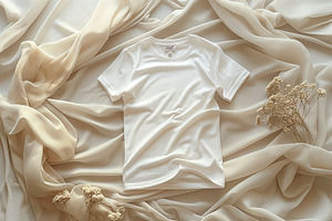 Elegant white t-shirt lying atop soft, flowing fabric with delicate flowers, ex, a Business Photo by ImageMir