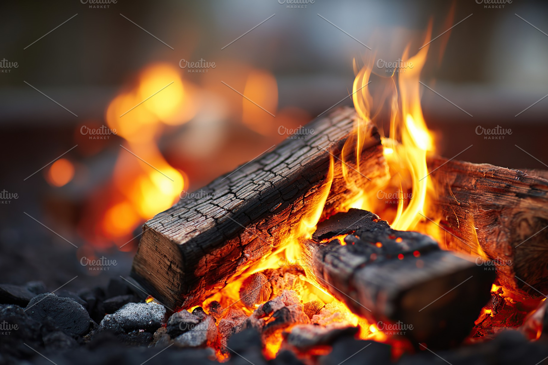 Warm evening glow from crackling campfire amid logs and stones by a quiet fores, an Arts & Entertainment Photo by AlyaAnd
